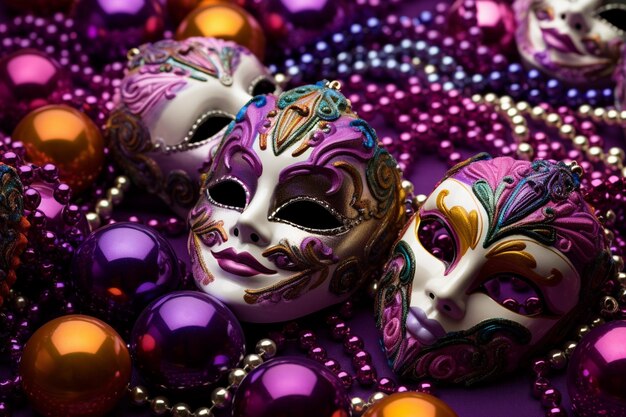 Festive Mardi Gras mascarada fundo roxo terça-feira gorda máscaras de carnaval contas decoração tradicional