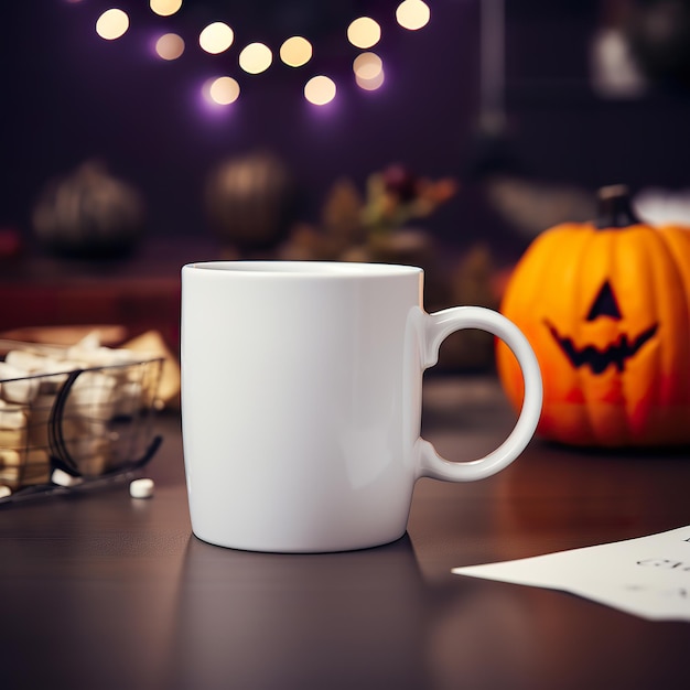 Festive Mug Mockup Halloween Setting com Plain White Cup