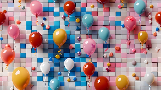 Foto festive party-fliesen foto-realistische fliesen mit ballons und streamer für kinder-party-räume oder