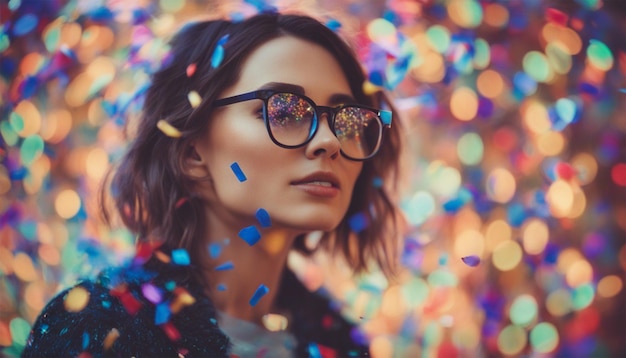Foto festive portrait of woman in glasses with colorful confetti