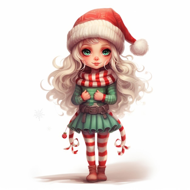 Festive Whimsy Adorable Elf Girl Charms in gemütlicher Weihnachtskleidung umgeben von Süßigkeiten auf einem Se