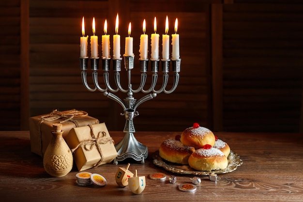 Festividad judía de Hanukkah con donuts de candelabros tradicionales de menorá y monedas de chocolate con peonzas de madera