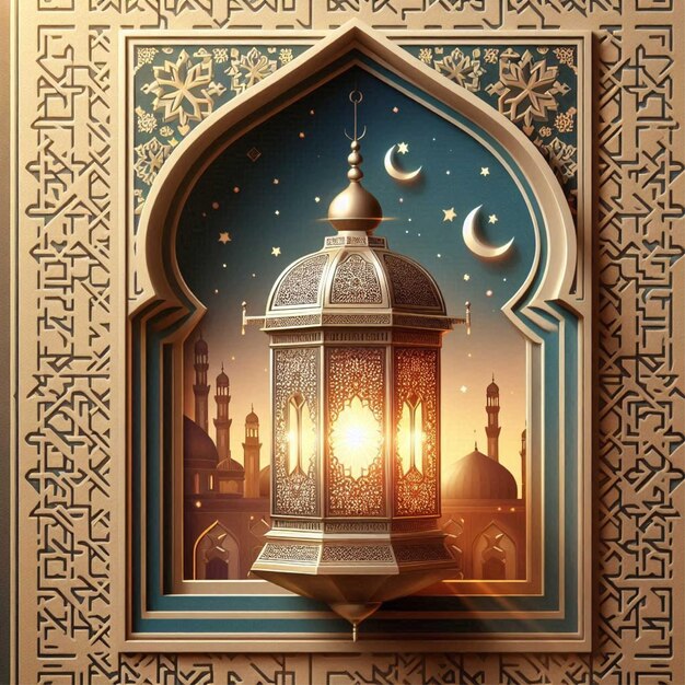 Foto festividad de las linternas en eid con reflejos en las ventanas de las mezquitas