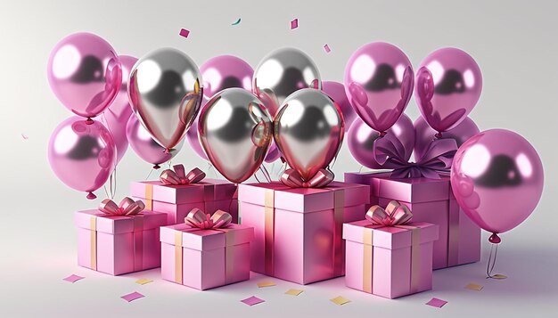 Festividades alegres, renderização em 3D de caixas de presente, balões rosa e confetes vibrantes, aniversário, celebridade