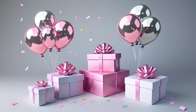 Festividades alegres, renderização em 3D de caixas de presente, balões rosa e confetes vibrantes, aniversário, celebridade