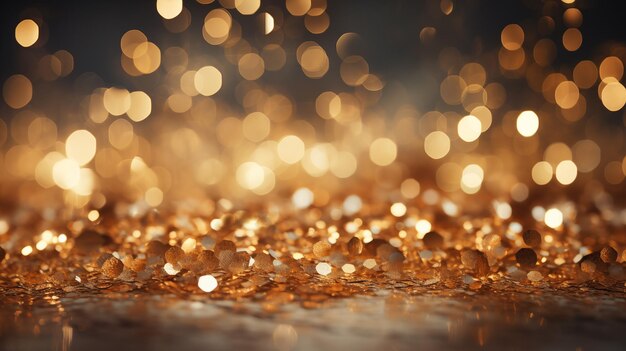 Foto festivo abstrato fundo dourado com bokeh luzes brilhantes desfocadas manchas douradas brilhantes