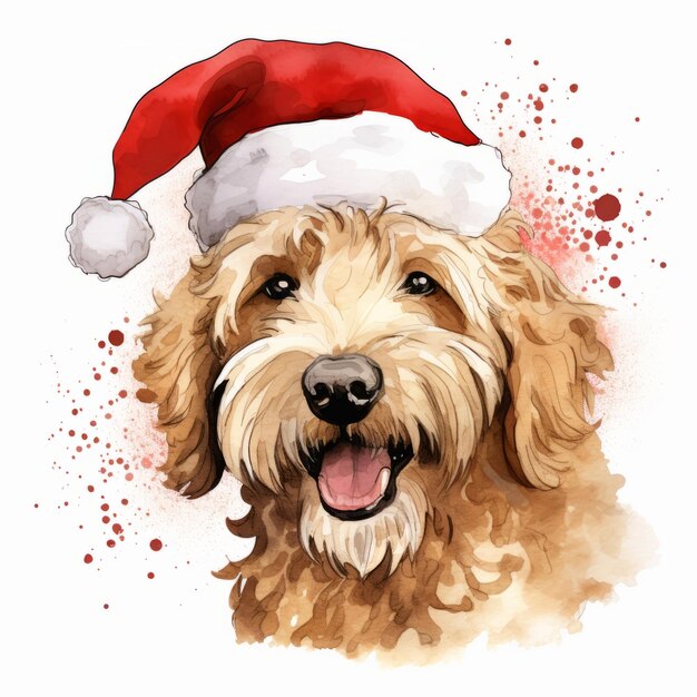 Festivo y adorable cachorro Goldendoodle Un delicioso clipart de acuarela con un sombrero de Santa Rojo y nieve