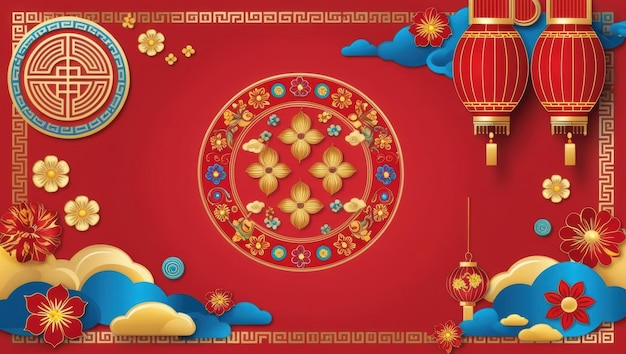 Festivo Año Nuevo Lunar Rojo Con Lanternas Chinas y Fuegos artificiales