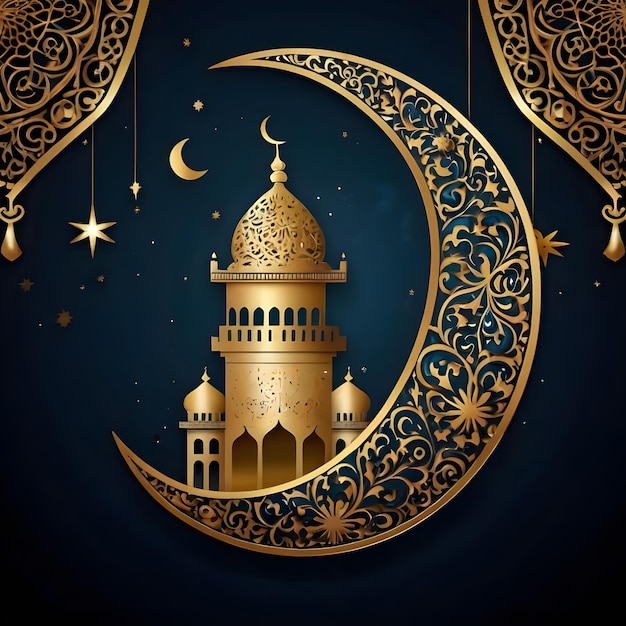 Festivo Eid 2024 La luna majestuosa sobre los puntos de referencia islámicos