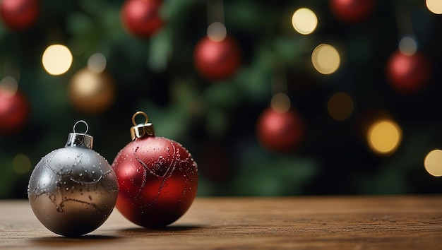 Festivo fondo borroso con superficie de madera vacía Árbol de Navidad brillante con bolas de Navidad