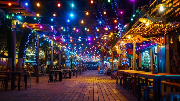 Un festivo mercado al aire libre iluminado por coloridas luces de cuerda que crean una atmósfera animada y vibrante para compras, comidas y entretenimiento