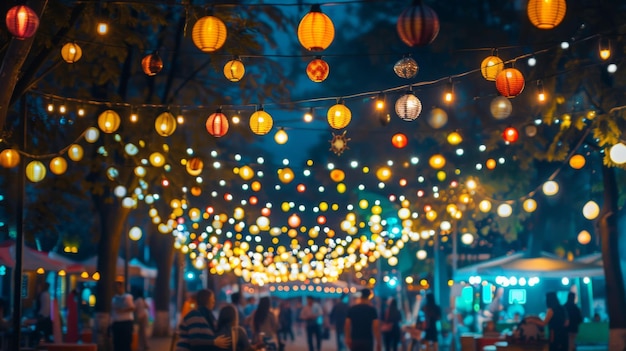 Un festivo mercado al aire libre iluminado por coloridas luces de cuerda que crean una atmósfera animada y vibrante para compras, comidas y entretenimiento