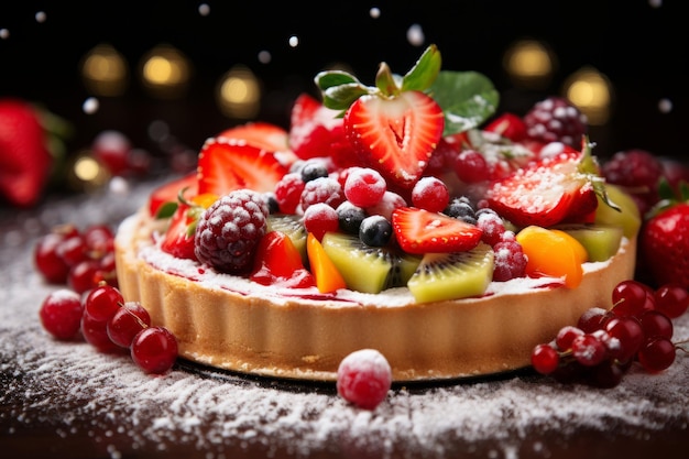 Foto un festivo pastel de año nuevo adornado con bayas frescas y salpicado de azúcar para sonar