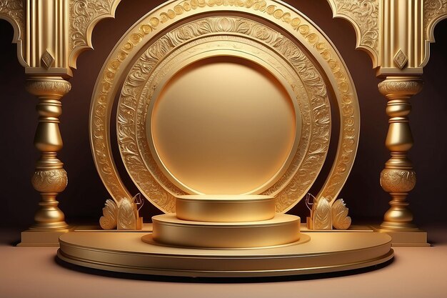 Festivo Podium dorado de lujo Diseño de escenario de vitrina para exhibición de productos Fondo tradicional de festivales indios