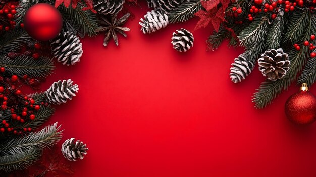 Festivo telón de fondo navideño con adornos rojos piñones y bayas