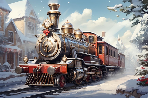 festivo tren de Navidad en las tarjetas postales de felicitación vacaciones de invierno de nieve
