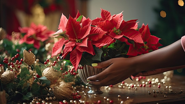 Festlich dekorierte Zimmerhände arrangieren einen Strauß frischer Weihnachtssterne aus Kiefernzweigen