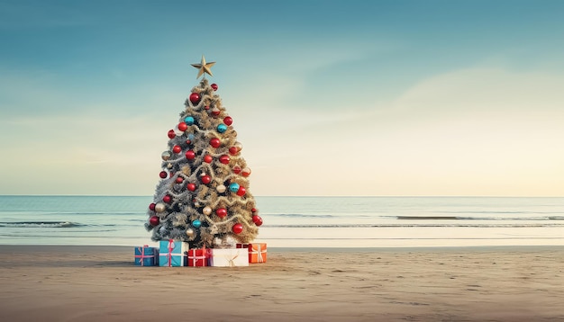 Festlich geschmückter Weihnachtsbaum am Strand an Silvester oder Weihnachten