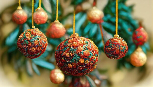 Festliche Christbaumkugeln, die als Weihnachtsdekoration im Baum hängen