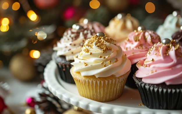 festliche Cupcakes mit Neujahrs-Toppern auf einem Dessert-Teller