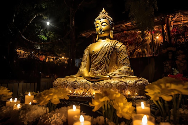 Festliche Dekoration um Buddha bei Nacht generative KI