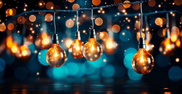 Foto festliche farbenfrohe weihnachtsgirlande auf verschwommenem bokeh-hintergrund neujahrsbanner ki-generiertes bild