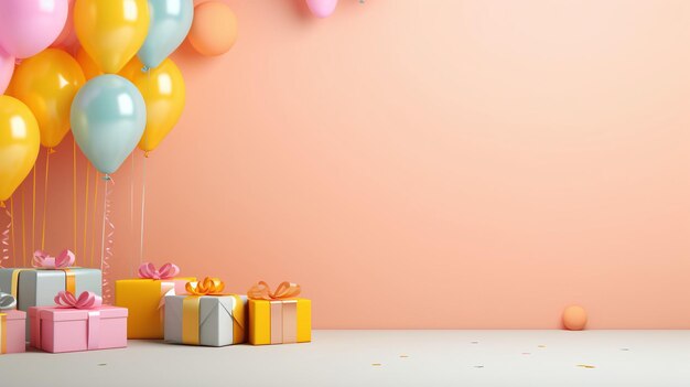 Festliche Geburtstagsgestaltung mit Ballons und Geschenken auf einem farbenfrohen Hintergrund