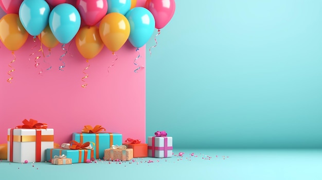 Foto festliche geburtstagsgestaltung mit ballons und geschenken auf einem farbenfrohen hintergrund