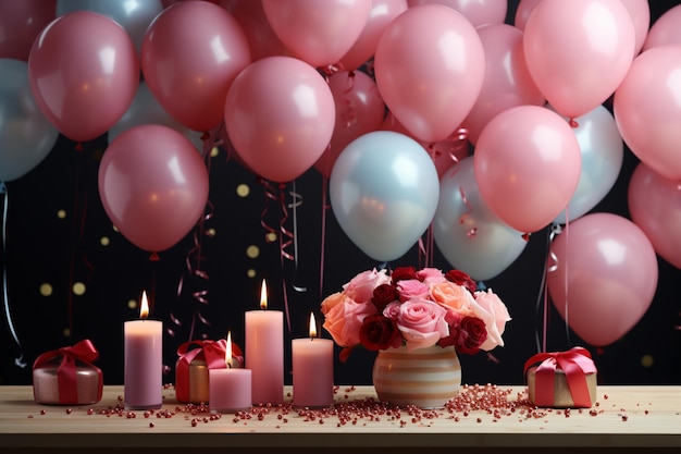 Festliche Geburtstagsszene mit Rahmen, Luftballons, Konfetti, rosa Tisch flach liegend