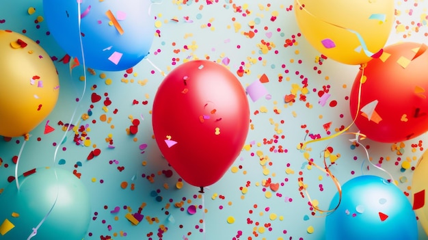 Festliche Glückseligkeit Rundförmige Luftballons Konfetti und mehrfarbige Freude Ein lebendiges Geburtstagspapier