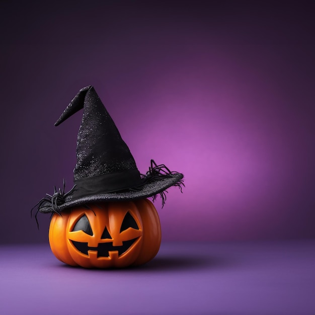 Festliche Halloween-Kürbisdekoration mit Hexenhut auf düsterem lila Hintergrund, erstellt mit generativer KI-Technologie