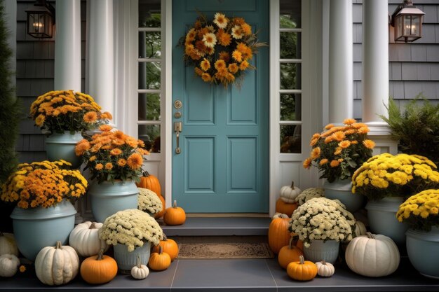 Festliche Halloween-Veranda-Kürbisse, Blumen, einladende blaue Türen, Stufen, Eingang geschmückt