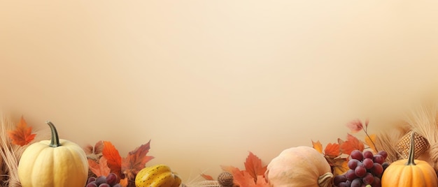 Festliche Herbst- und Happy-Thanksgiving-Dekoration aus Kürbissen, Beeren und Blättern, Ai Generated