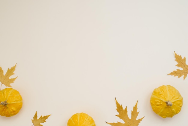 Festliche Herbstdekoration aus Kürbissen und abgefallenen Blättern auf hellem Hintergrund Flache Herbstkomposition