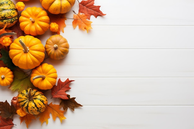 Festliche Herbstkomposition aus Kürbissen und farbenfrohen Blättern auf einem weißen hölzernen Hintergrund Thanksgiving Day