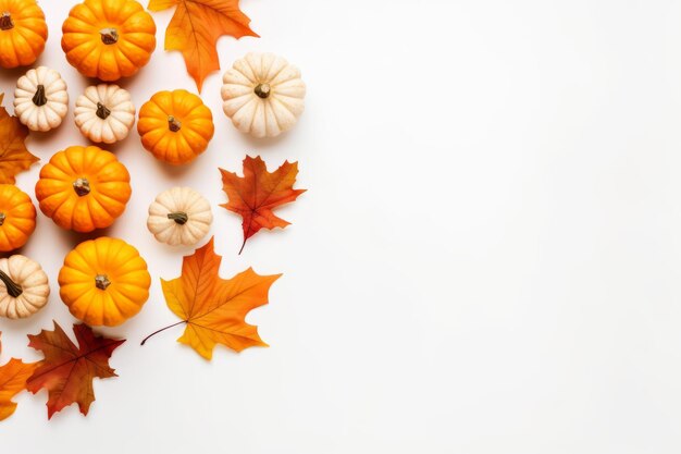 Festliche Herbststimmung, Kürbiskerzen und getrocknete Blätter auf weißem Hintergrund, perfekt für den Herbst
