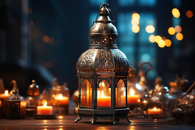Festliche Laternen mit brennenden Kerzen für den Ramadan, ein islamisches muslimisches religiöses Ereignis. Dunkler Hintergrund