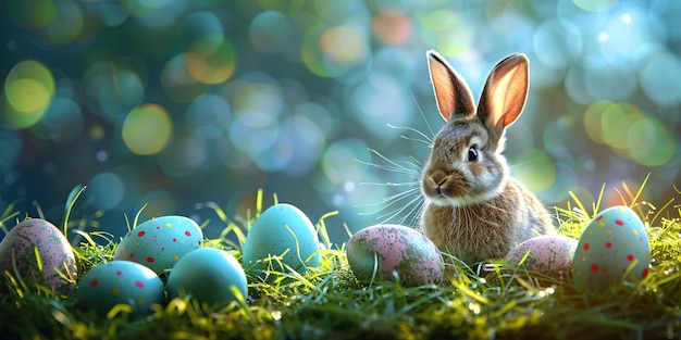 Festliche Osterdekorationen mit bunten Eiern und einem entzückenden Kaninchen auf üppigem grünem Gras Feiern Sie Oster mit Freude und Glück