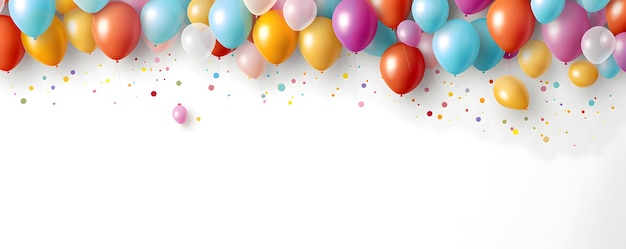 Festliche Regenbogenfarbige Ballons und Konfetti auf einem weißen Hintergrund Banner Feierthema