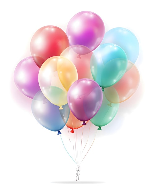 Festliche Regenbogenfarbige Ballons und Konfetti auf weißem Hintergrund