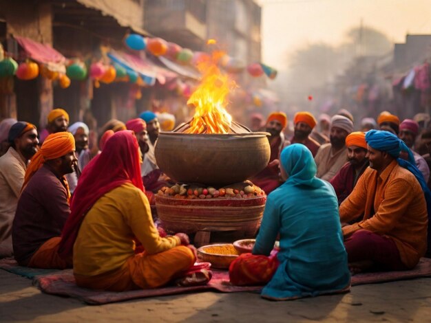 Festliche Szene, die das Fest von Lohri mit einem Mann und einer Frau in runde Form feiert