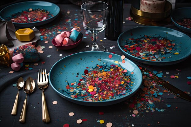 Festliche Tischdekoration mit buntem Konfetti auf den mit Gattungen gestalteten Tellern und Gläsern