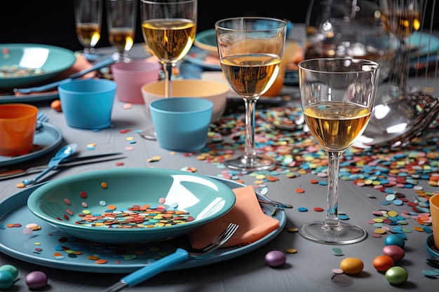 Festliche Tischdekoration mit buntem Konfetti auf den Tellern und Gläsern