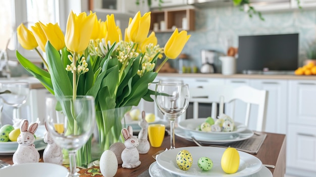 Festliche Tischgestaltung mit gelben Tulpen und Osterkaninchen in der Küche Generative Ai