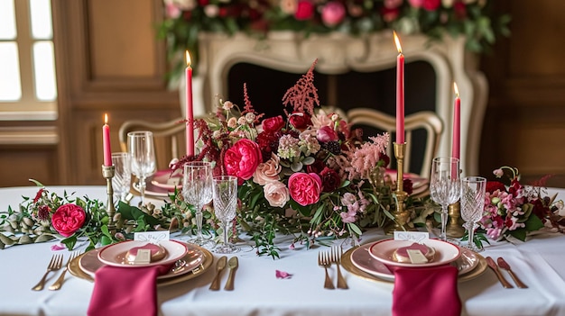 Festliche Tischgestaltung mit Kerzen und schönen roten Blumen in einer Vase