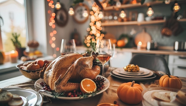 Foto festliche tischgestaltung mit leckerem essen für den thanksgiving day in der küche