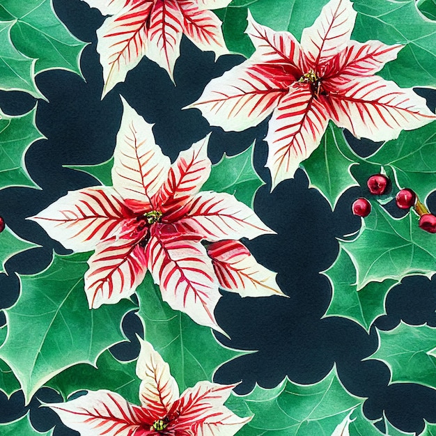 Festliche Weihnachtsblumen und -pflanzen. Nahtloses sich wiederholendes Muster. Digitales Aquarell