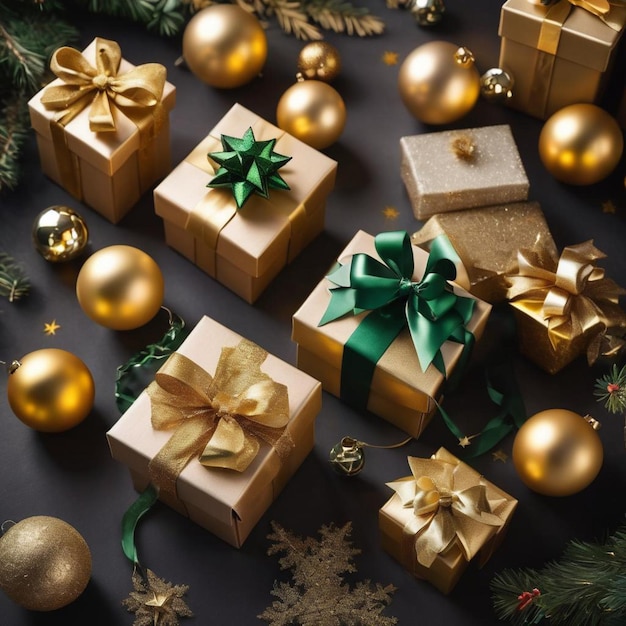 Festliche Weihnachtsgeschenke mit goldenen und grünen Bändern und Ornamenten auf dunklem Hintergrund