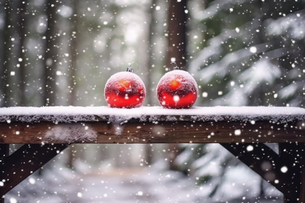 Foto festliche weihnachtskomposition von bällen im wald, umrahmt von schneebedeckten tannen generative ki