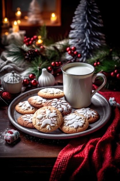 Festliche Weihnachtsplätzchen und heißer Kakao auf einem Tisch, der mit generativer KI erstellt wurde